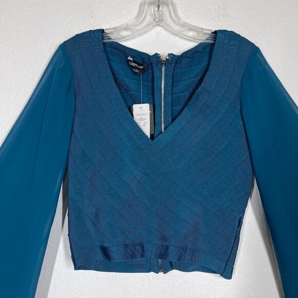 Bebe Top Blouse Bell Sleeve Crop Teal Blue V-Neck Retro Medium - Picture 4 of 8